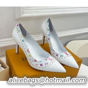 Good Product Louis Vuitton Signature Pumps 8.5cm in Leather and Monogram Canvas with Studs White 122732