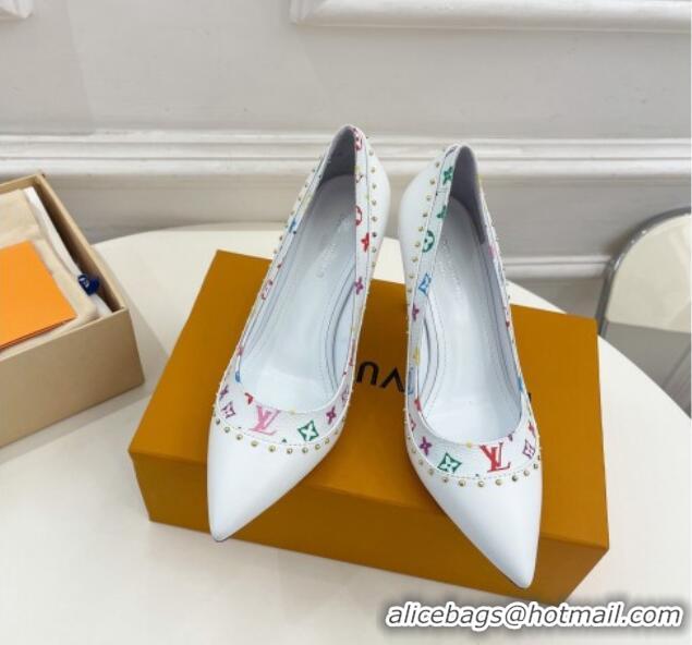 Good Product Louis Vuitton Signature Pumps 8.5cm in Leather and Monogram Canvas with Studs White 122732