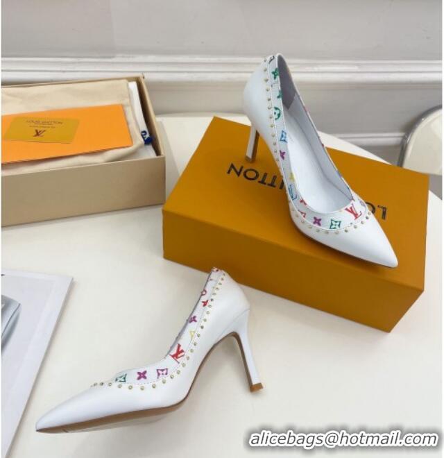 Good Product Louis Vuitton Signature Pumps 8.5cm in Leather and Monogram Canvas with Studs White 122732