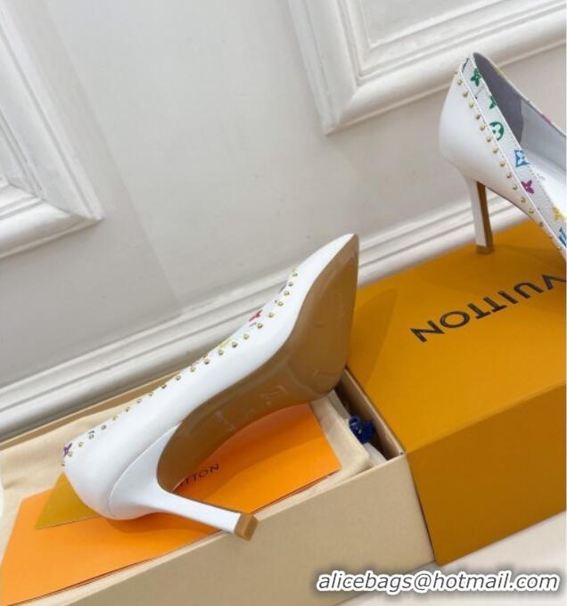 Good Product Louis Vuitton Signature Pumps 8.5cm in Leather and Monogram Canvas with Studs White 122732