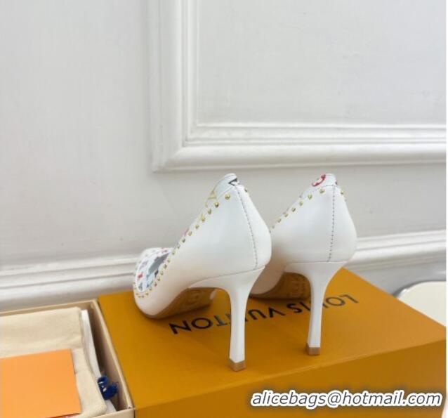 Good Product Louis Vuitton Signature Pumps 8.5cm in Leather and Monogram Canvas with Studs White 122732