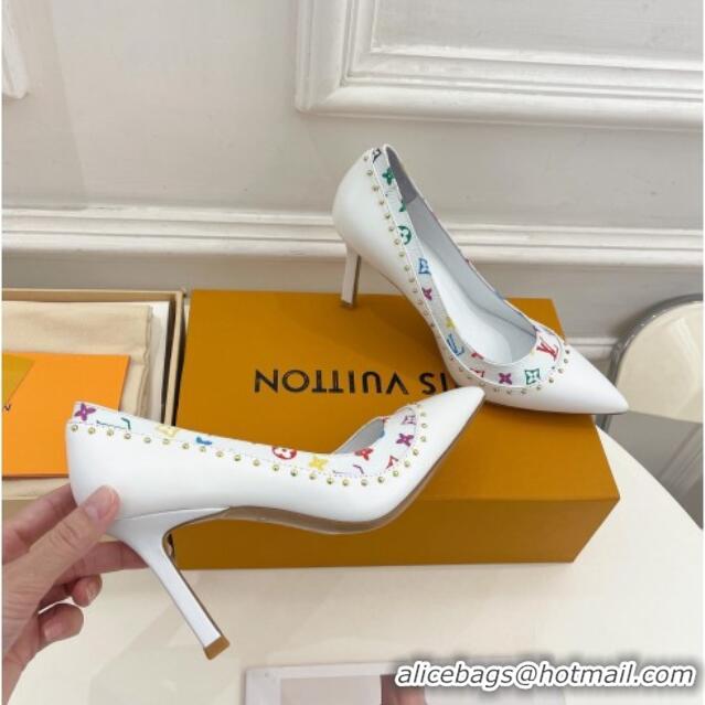 Good Product Louis Vuitton Signature Pumps 8.5cm in Leather and Monogram Canvas with Studs White 122732