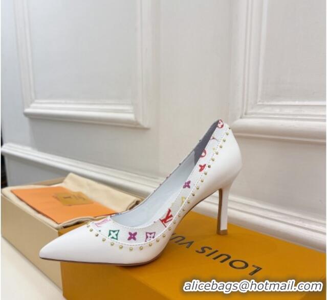 Good Product Louis Vuitton Signature Pumps 8.5cm in Leather and Monogram Canvas with Studs White 122732