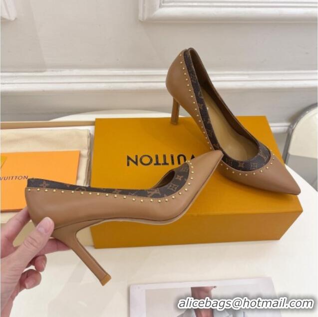 Durable Louis Vuitton Signature Pumps 8.5cm in Leather and Monogram Canvas with Studs Brown 122733