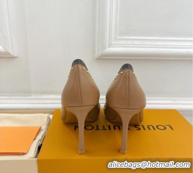 Durable Louis Vuitton Signature Pumps 8.5cm in Leather and Monogram Canvas with Studs Brown 122733