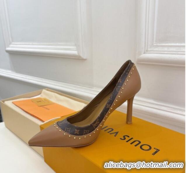 Durable Louis Vuitton Signature Pumps 8.5cm in Leather and Monogram Canvas with Studs Brown 122733