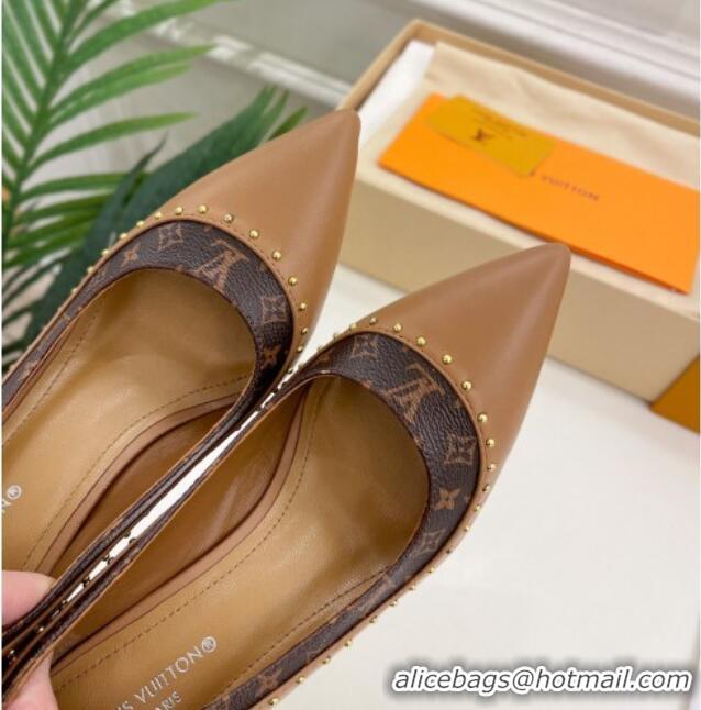 Durable Louis Vuitton Signature Pumps 8.5cm in Leather and Monogram Canvas with Studs Brown 122733