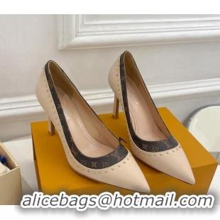 Stylish Louis Vuitton Signature Pumps 8.5cm in Leather and Monogram Canvas with Studs Nude 122734