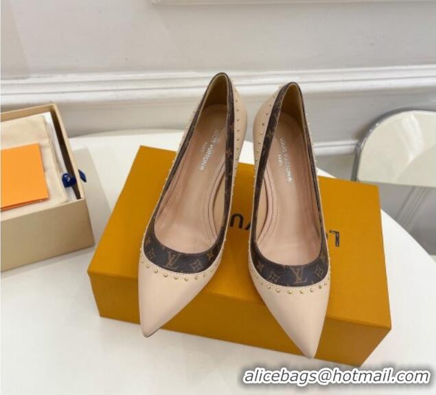 Stylish Louis Vuitton Signature Pumps 8.5cm in Leather and Monogram Canvas with Studs Nude 122734