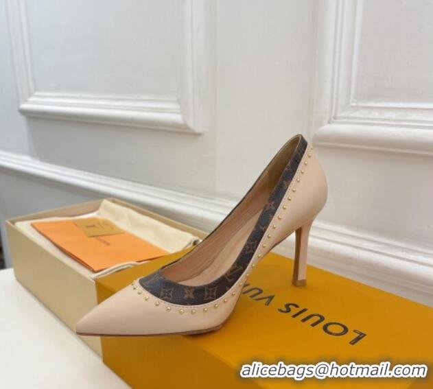 Stylish Louis Vuitton Signature Pumps 8.5cm in Leather and Monogram Canvas with Studs Nude 122734