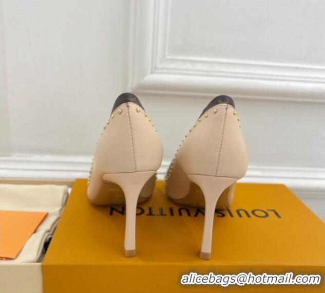 Stylish Louis Vuitton Signature Pumps 8.5cm in Leather and Monogram Canvas with Studs Nude 122734