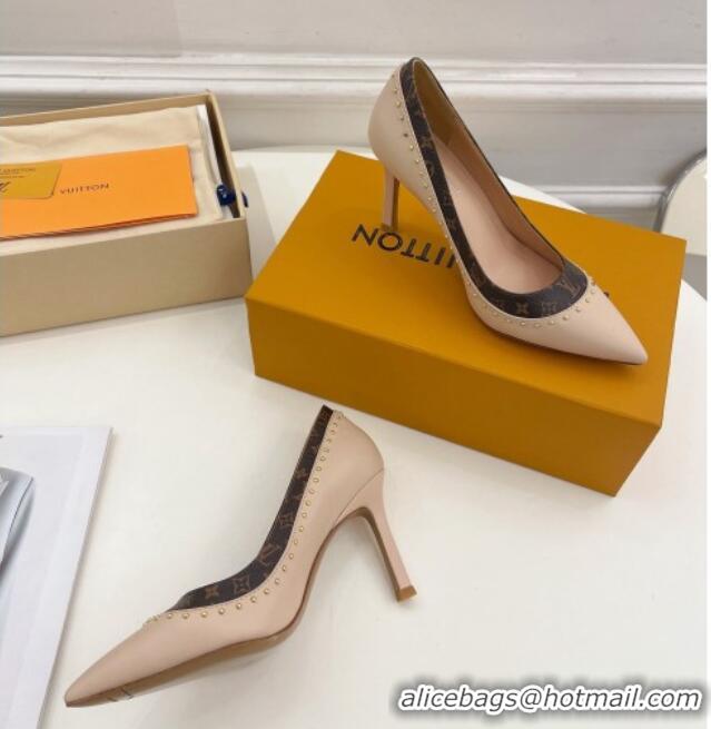 Stylish Louis Vuitton Signature Pumps 8.5cm in Leather and Monogram Canvas with Studs Nude 122734