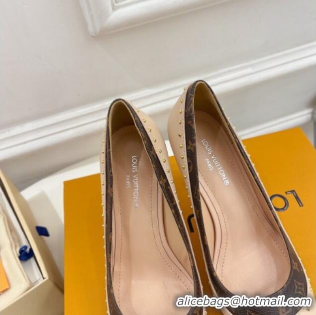 Stylish Louis Vuitton Signature Pumps 8.5cm in Leather and Monogram Canvas with Studs Nude 122734