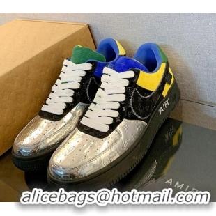 Sophisticated Louis Vuitton x Nike "Air Force 1" Low Sneakers in Monogram Metallic Leather Silver/Multicolor 122999