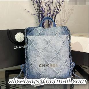 Big Discount Chanel 22 Denim Backpack Bag AS3859 Light Blue/Blue 2023