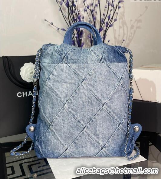 Big Discount Chanel 22 Denim Backpack Bag AS3859 Light Blue/Blue 2023