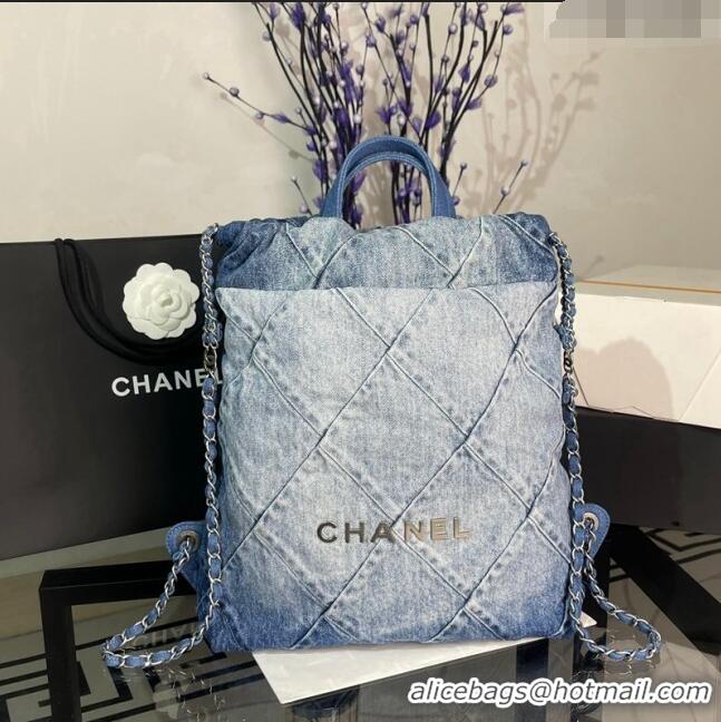 Big Discount Chanel 22 Denim Backpack Bag AS3859 Light Blue/Blue 2023