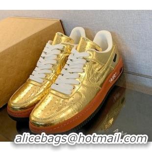 Luxurious Louis Vuitton x Nike "Air Force 1" Low Sneakers in Monogram Metallic Leather Gold 1229101