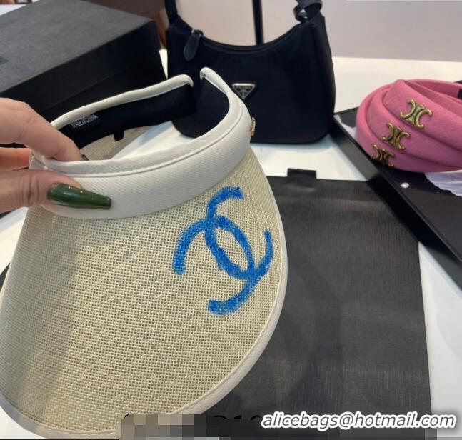 Discount Chanel Visor Hat with Paiting CC 0407 Beige/Blue 2023