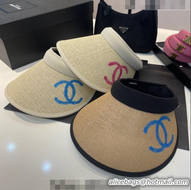 Discount Chanel Visor Hat with Paiting CC 0407 Beige/Blue 2023