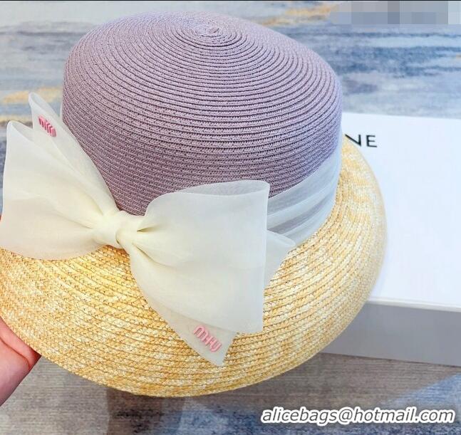 Super Quality Miu Miu Straw Bucket Hat with Bow MM0826 Purple 2023