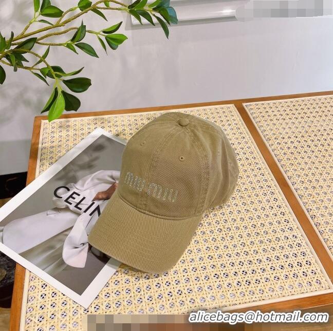 Luxury Cheap Miu Miu Canvas Baseball hat with Crystals MM0407 Beige 2023