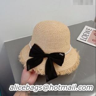 Sophisticated Miu Miu Straw Hat with Bow and Pearls 0407 Black 2023