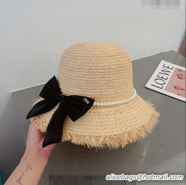 Sophisticated Miu Miu Straw Hat with Bow and Pearls 0407 Black 2023