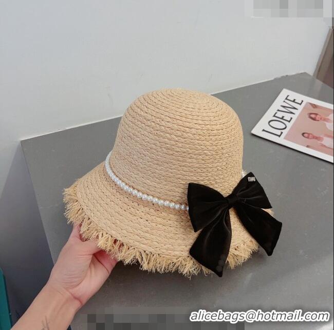 Sophisticated Miu Miu Straw Hat with Bow and Pearls 0407 Black 2023