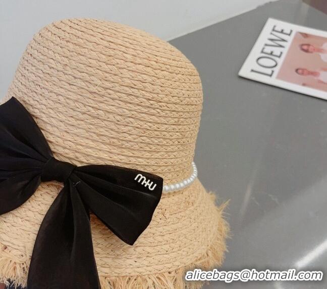 Sophisticated Miu Miu Straw Hat with Bow and Pearls 0407 Black 2023