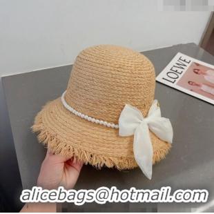 Fashion Grade Miu Miu Straw Hat with Bow and Pearls 0407 White 2023