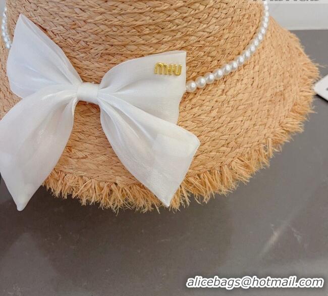 Fashion Grade Miu Miu Straw Hat with Bow and Pearls 0407 White 2023