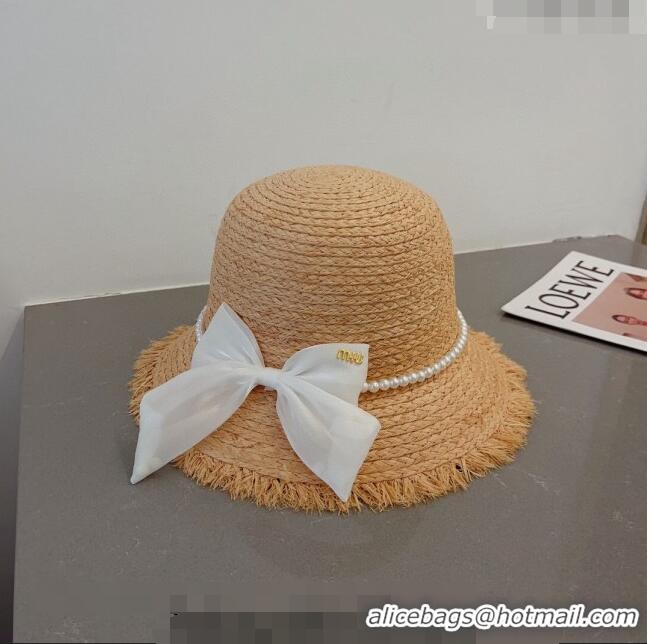 Fashion Grade Miu Miu Straw Hat with Bow and Pearls 0407 White 2023