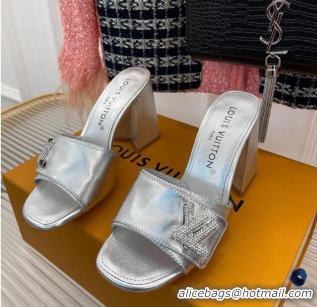 Classic Hot Louis Vuitton Shake Slide Sandals 8.5cm in Silver Metallic Leather with Crystal LV Twist 208113