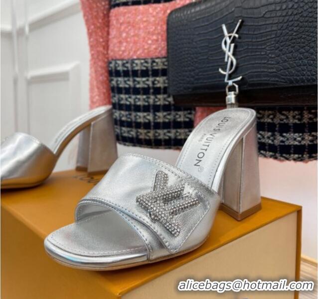 Classic Hot Louis Vuitton Shake Slide Sandals 8.5cm in Silver Metallic Leather with Crystal LV Twist 208113