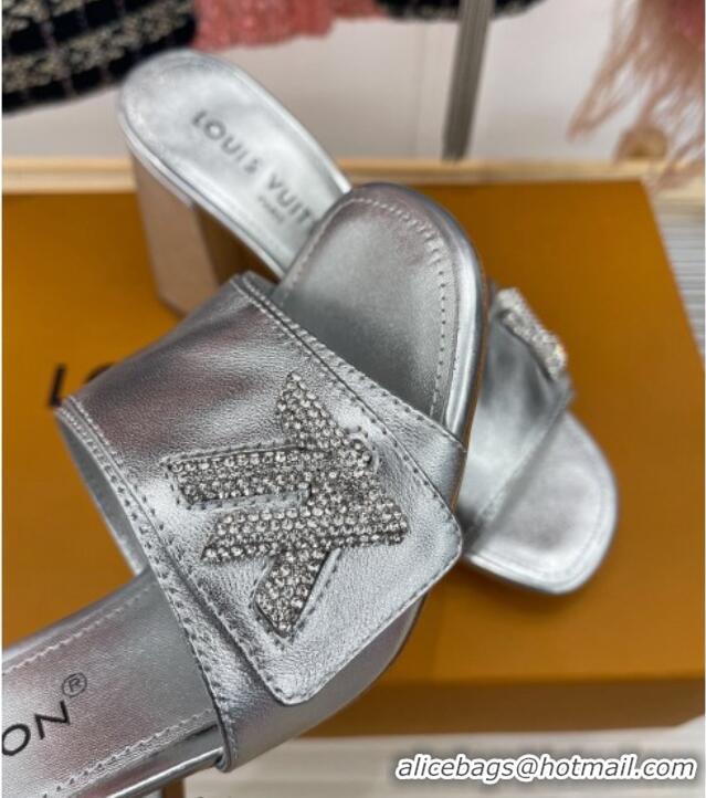 Classic Hot Louis Vuitton Shake Slide Sandals 8.5cm in Silver Metallic Leather with Crystal LV Twist 208113