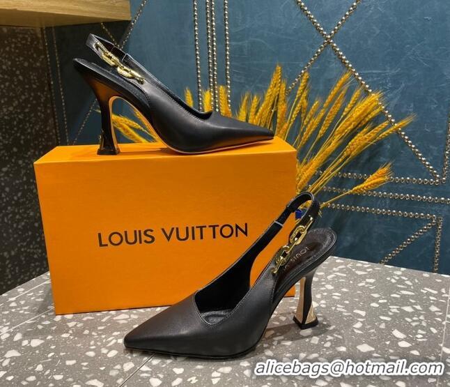 Pretty Style Louis Vuitton Sparkle Leather Slingback Sandals with Chain 9.5cm Black 020904