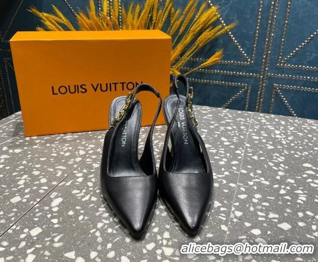 Pretty Style Louis Vuitton Sparkle Leather Slingback Sandals with Chain 9.5cm Black 020904