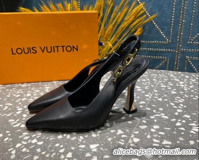 Pretty Style Louis Vuitton Sparkle Leather Slingback Sandals with Chain 9.5cm Black 020904