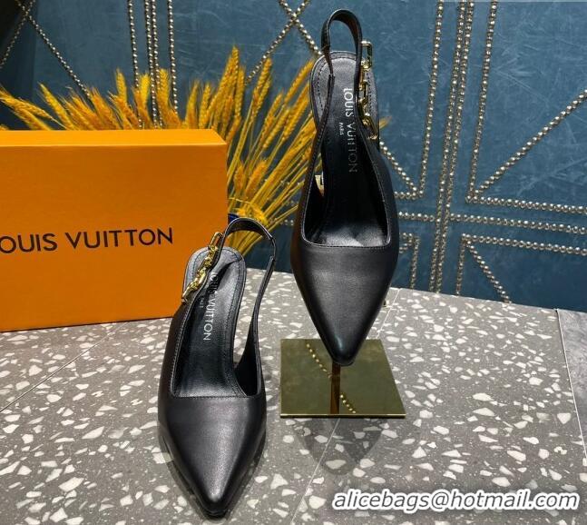 Pretty Style Louis Vuitton Sparkle Leather Slingback Sandals with Chain 9.5cm Black 020904