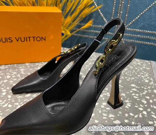 Pretty Style Louis Vuitton Sparkle Leather Slingback Sandals with Chain 9.5cm Black 020904