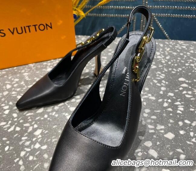 Pretty Style Louis Vuitton Sparkle Leather Slingback Sandals with Chain 9.5cm Black 020904