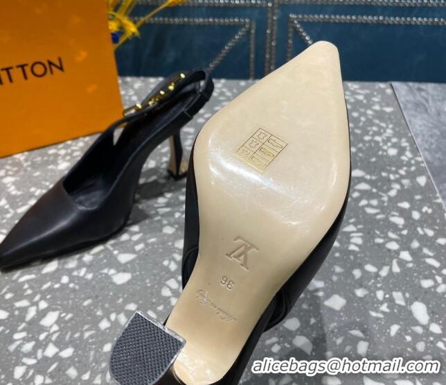 Pretty Style Louis Vuitton Sparkle Leather Slingback Sandals with Chain 9.5cm Black 020904