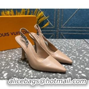 Best Grade Louis Vuitton Sparkle Leather Slingback Sandals with Chain 9.5cm Beige 020905