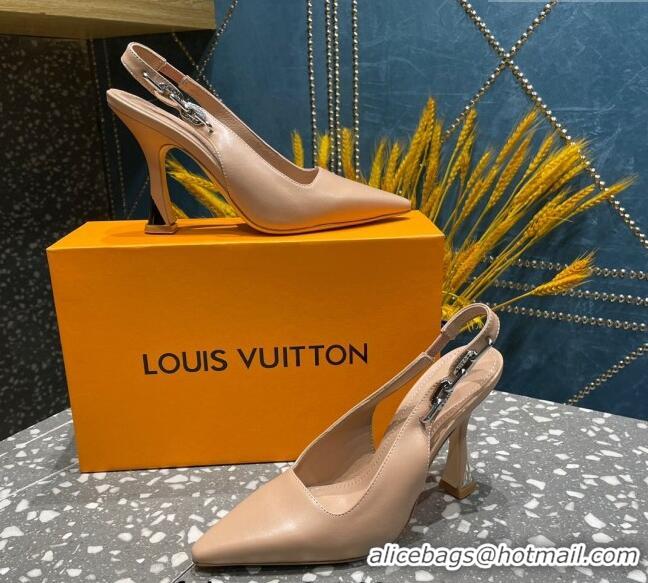 Best Grade Louis Vuitton Sparkle Leather Slingback Sandals with Chain 9.5cm Beige 020905