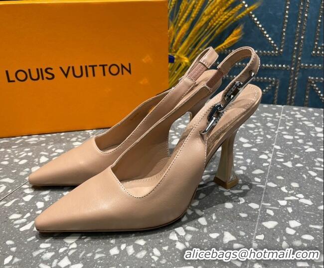 Best Grade Louis Vuitton Sparkle Leather Slingback Sandals with Chain 9.5cm Beige 020905