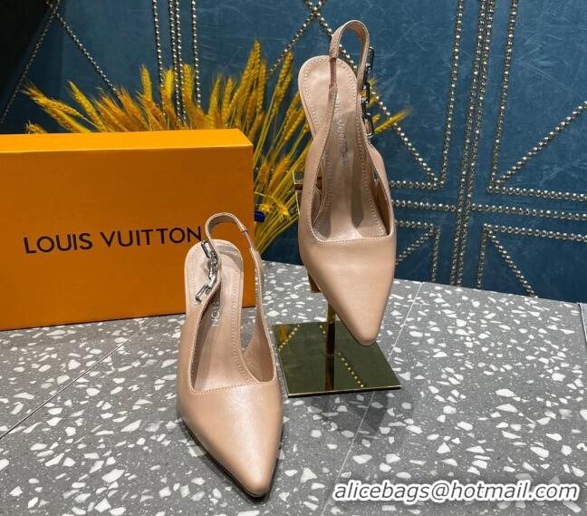 Best Grade Louis Vuitton Sparkle Leather Slingback Sandals with Chain 9.5cm Beige 020905