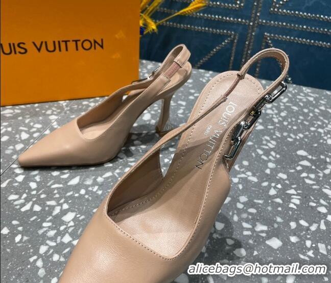 Best Grade Louis Vuitton Sparkle Leather Slingback Sandals with Chain 9.5cm Beige 020905