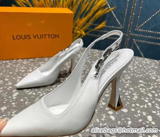 Best Product Louis Vuitton Sparkle Leather Slingback Sandals with Chain 9.5cm White 020906