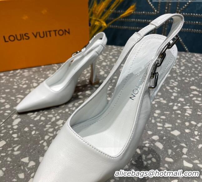 Best Product Louis Vuitton Sparkle Leather Slingback Sandals with Chain 9.5cm White 020906